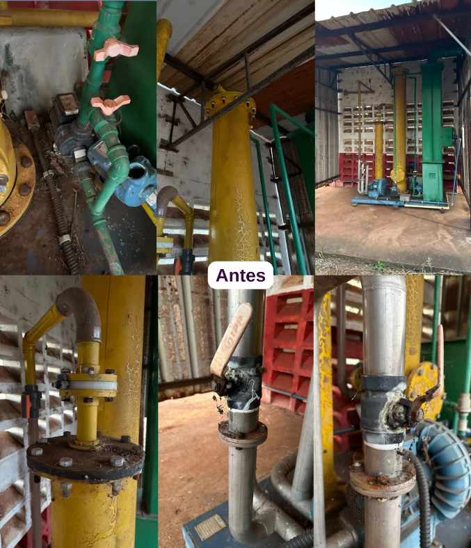 Montagem com fotos de equipamentos e conexões do sistema de biogás antes do retrofit