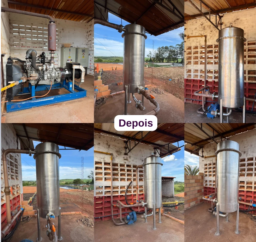 Montagem com fotos de equipamentos, tubulações e motogerador depois do retrofit