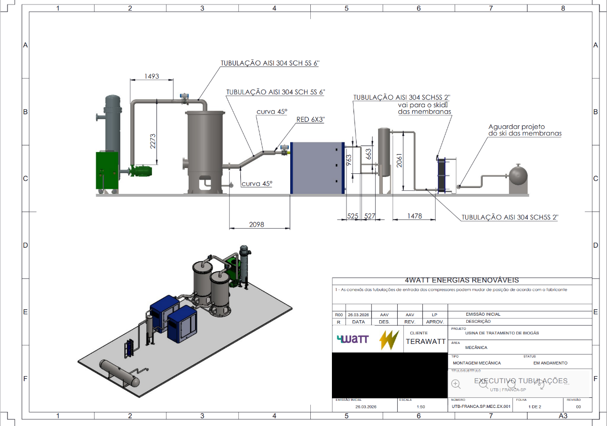 Projeto executivo 3D das tubulações e equipamentos mecânicos da refinaria de biometano