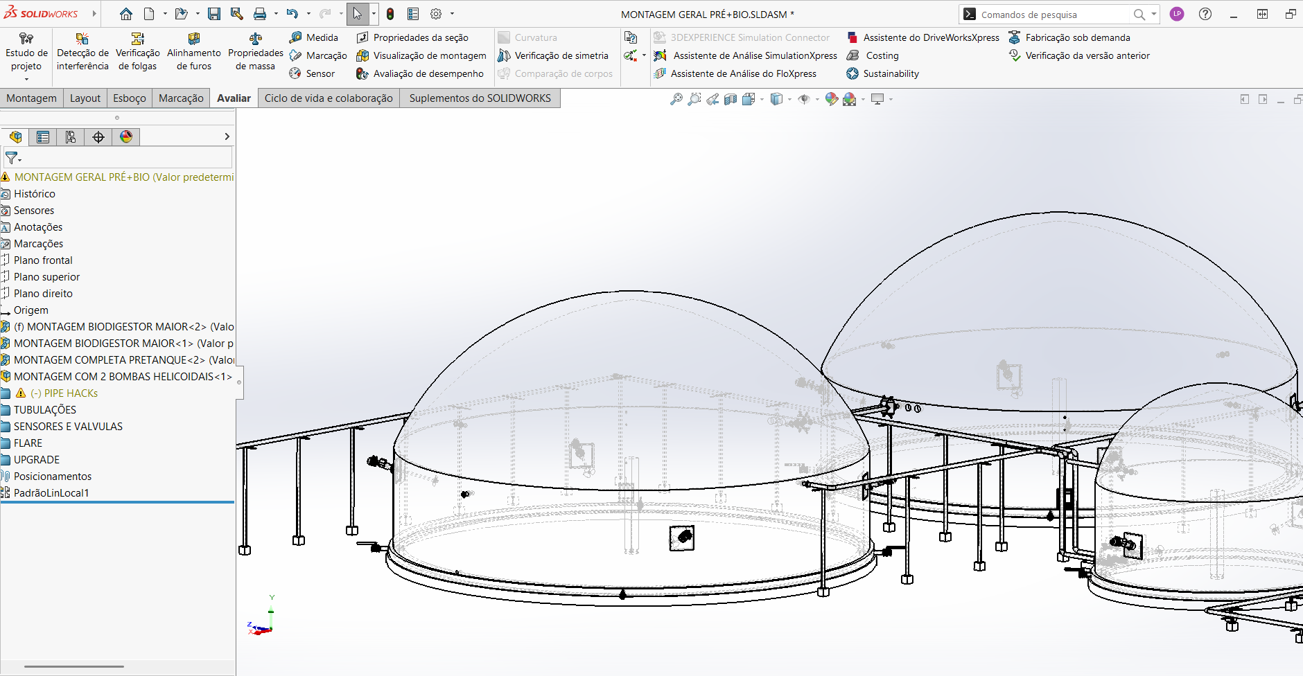 Modelo 3D da montagem geral de biodigestores e pré-tanque projetada pela engenharia 4WaTT